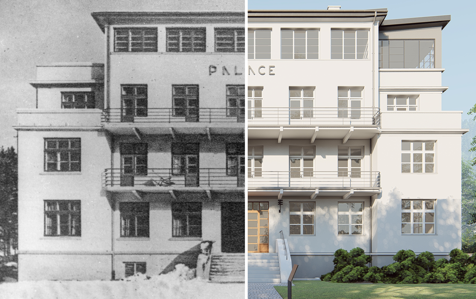 Budynek Palace, z lewej strony stare, czarno-białe zdjęcie, z prawej koncepcja wyremontowanego nowego budynku